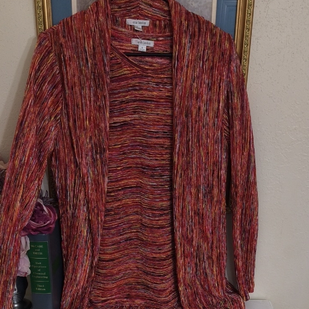 Colorful 2Piece Metallic Cardigan And Long Sleeve Top Career Coastal Grandma - Picture 2 of 12